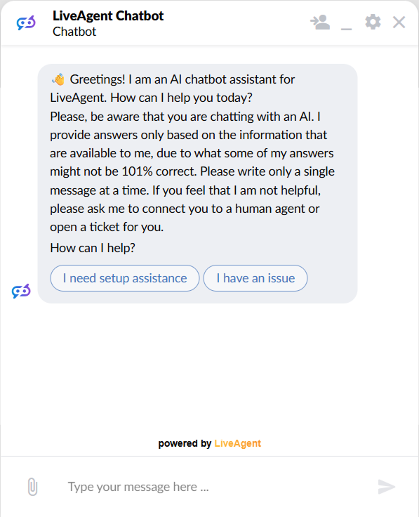LiveAgent Chat-Fenster mit einer KI-Chatbot-Begrüßung und zwei anklickbaren Antwortbuttons für Einrichtungsunterstützung und Problem melden