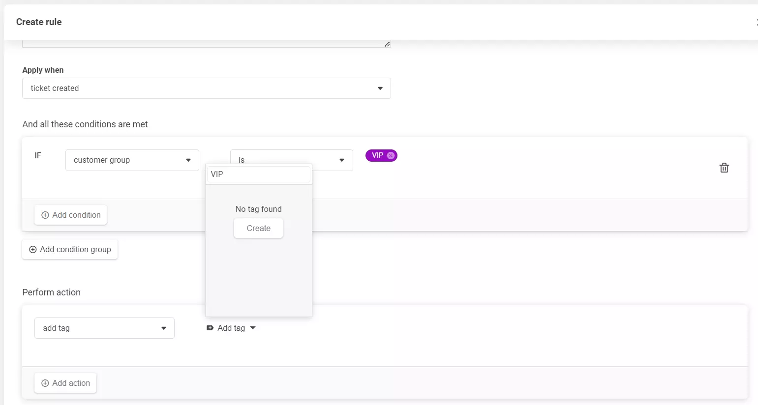 A screenshot of the create rule section, showing how to add a new tag.
