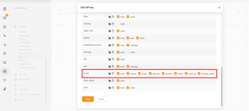 Der Bereich API-Schlüssel bearbeiten in LiveAgent mit den neuen Berechtigungen 'close' und 'change_state'