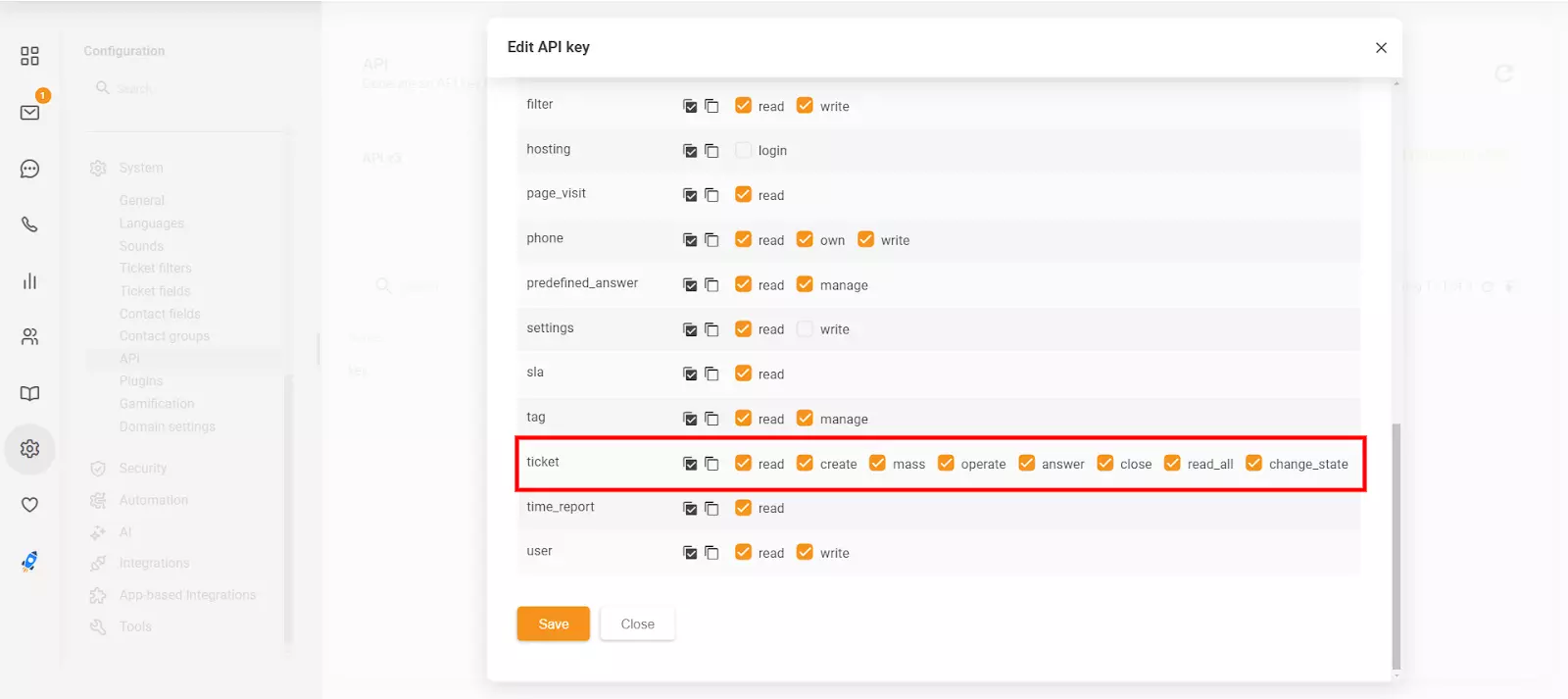 Der Abschnitt API-Schlüssel bearbeiten in LiveAgent mit den neuen Berechtigungen close und 'change_state