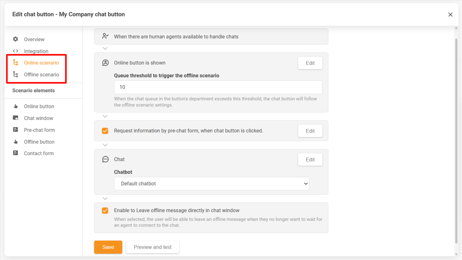LiveAgent Chat-Schaltflächen-Konfigurationsfenster mit Online- und Offline-Szenarien