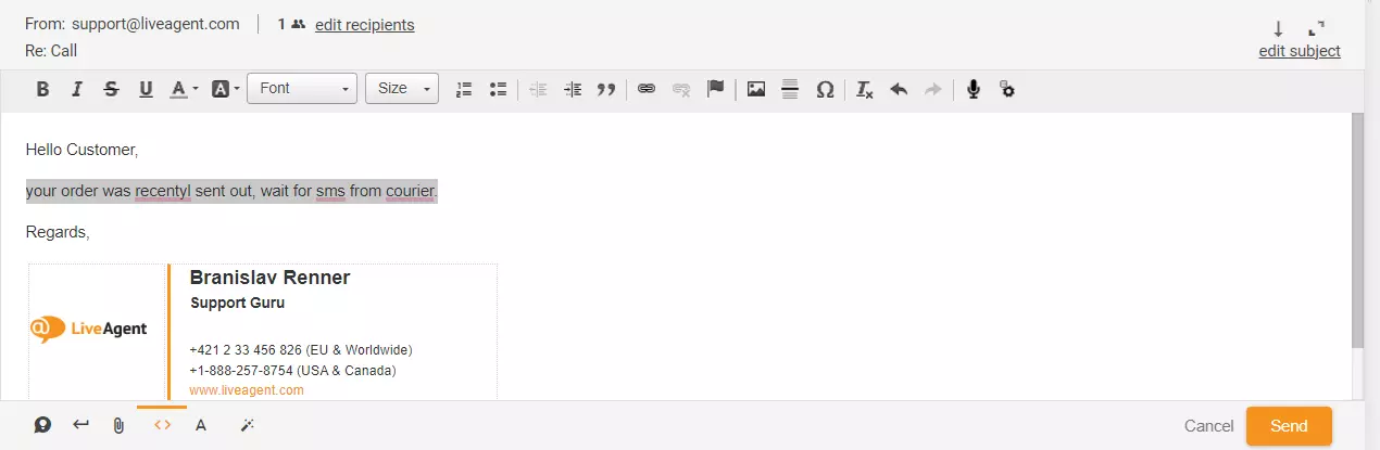 Bild zeigt hervorgehobene Antwort auf Ticket in LiveAgent