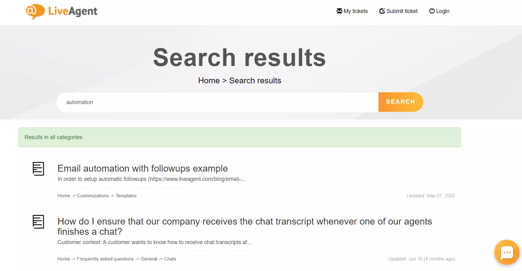 LiveAgent Wissensdatenbank-Suchfunktion