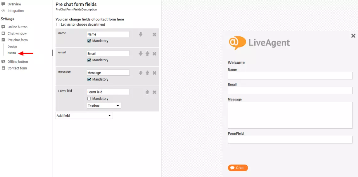 Image displaying the field settings of pre chat for in LiveAgent live chat software.