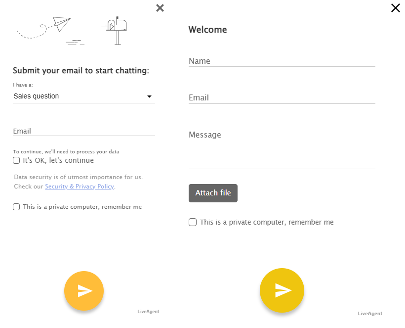 Pre-chat survey windows showing what type of information can be requested.