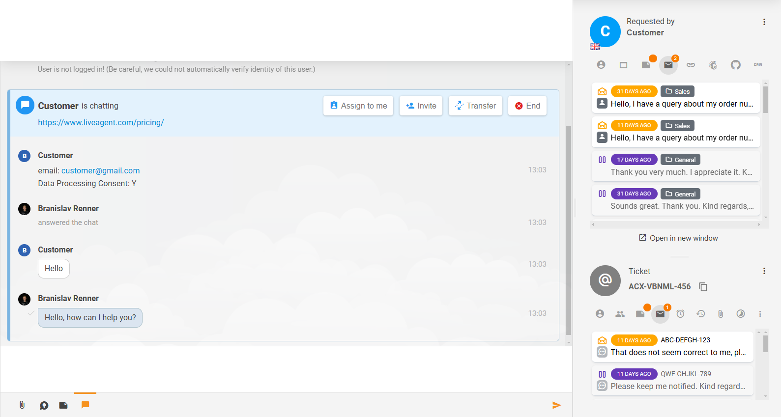 Verfeinerter Ticket-Inhalt und verwandte Abschnitte in LiveAgent