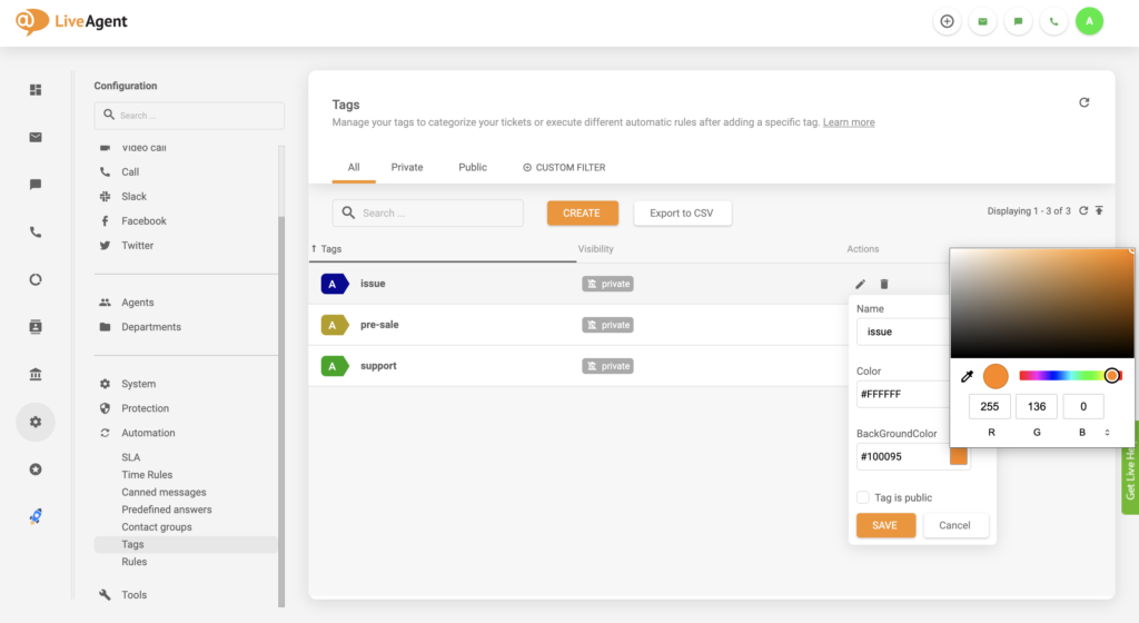 Tag-Farbänderungseinstellung-Update in LiveAgent