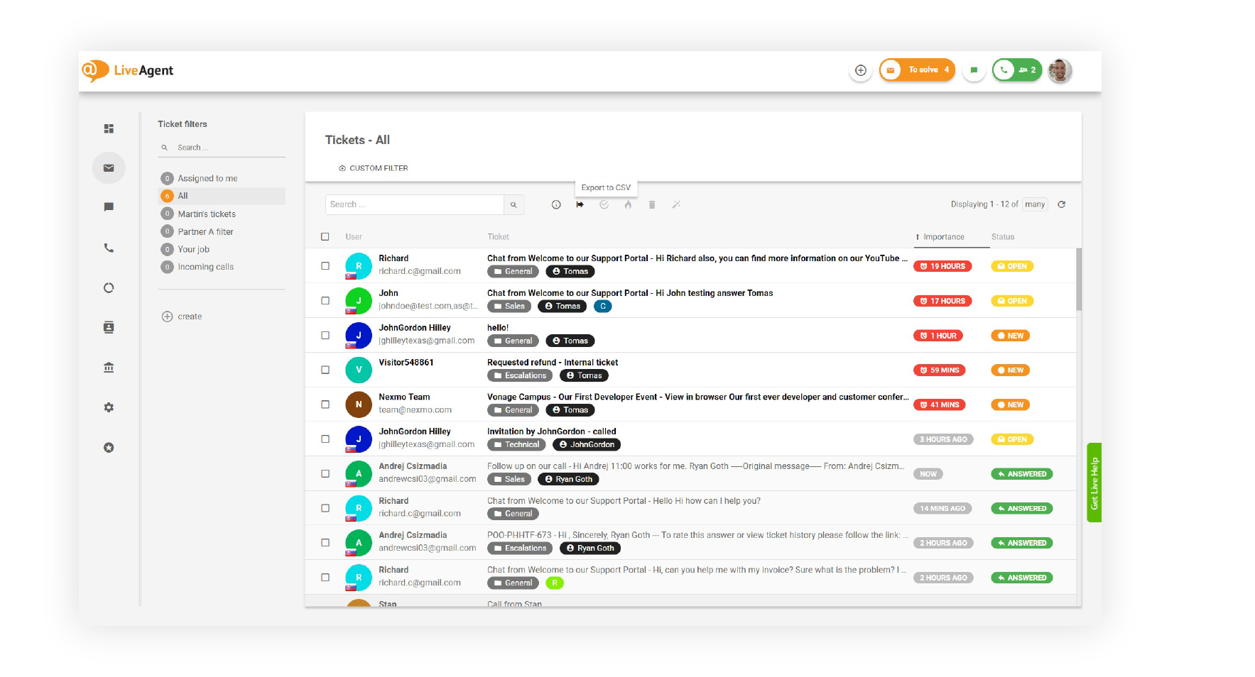LiveAgent Universal-Posteingang mit E-Mail-, Chat- und Telefon-Tickets in einer Warteschlange