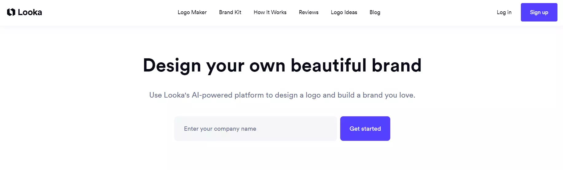 Screenshot of Looka homepage, showing an option for AI logo design.