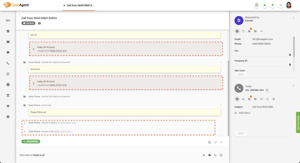 Zusammengeführter Ticket-Thread in LiveAgent