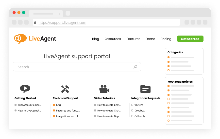 LiveAgent-Wissensdatenbank und Support-Portal mit FAQs, Produktleitfäden, Video-Tutorials und Schritt-für-Schritt-Handbüchern.