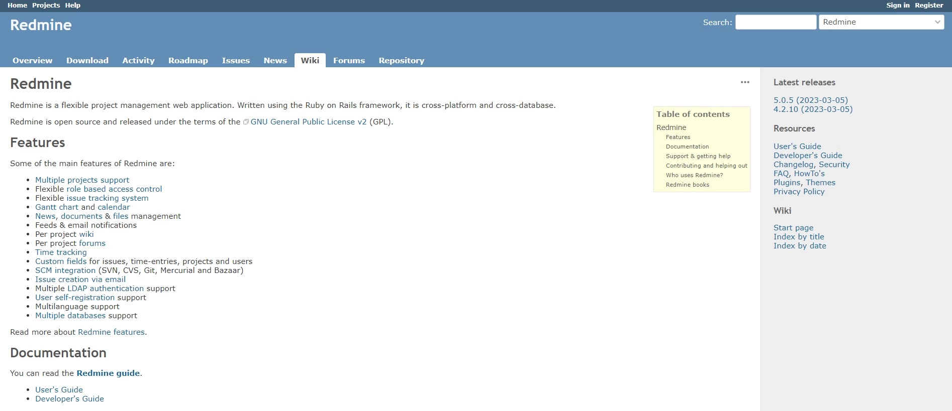 Redmine-Startseite - eine Open-Source-Plattform, die Ihnen helfen kann, Prozesse zu automatisieren und bei der Aufgabenplanung zu unterstützen, um die Effizienz in Ihrem Unternehmen zu verbessern.