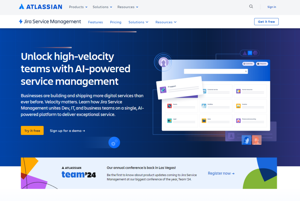 Jira Service Management homepage, a Help Scout alternative for help desk software