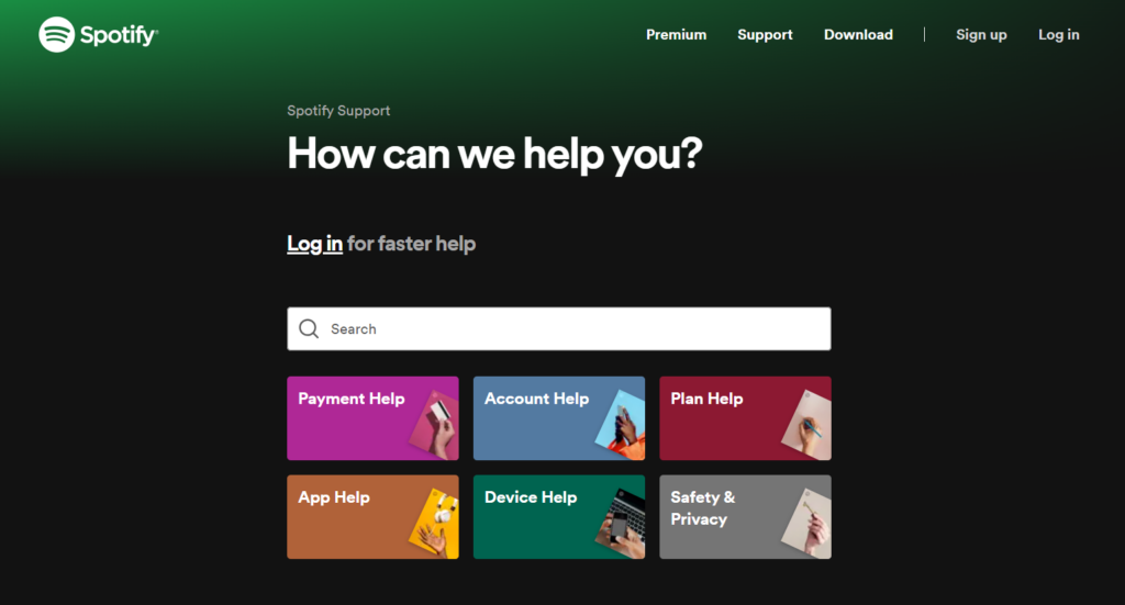 Spotifys Support-Seite