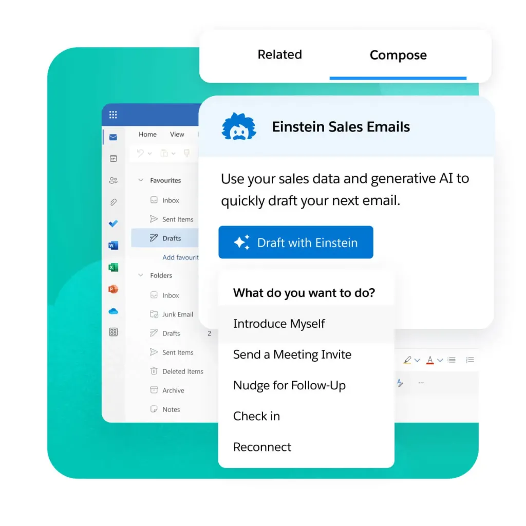 Salesforce Einstein Sales Emails-Schnittstelle mit KI-gestützten E-Mail-Entwurfsoptionen.