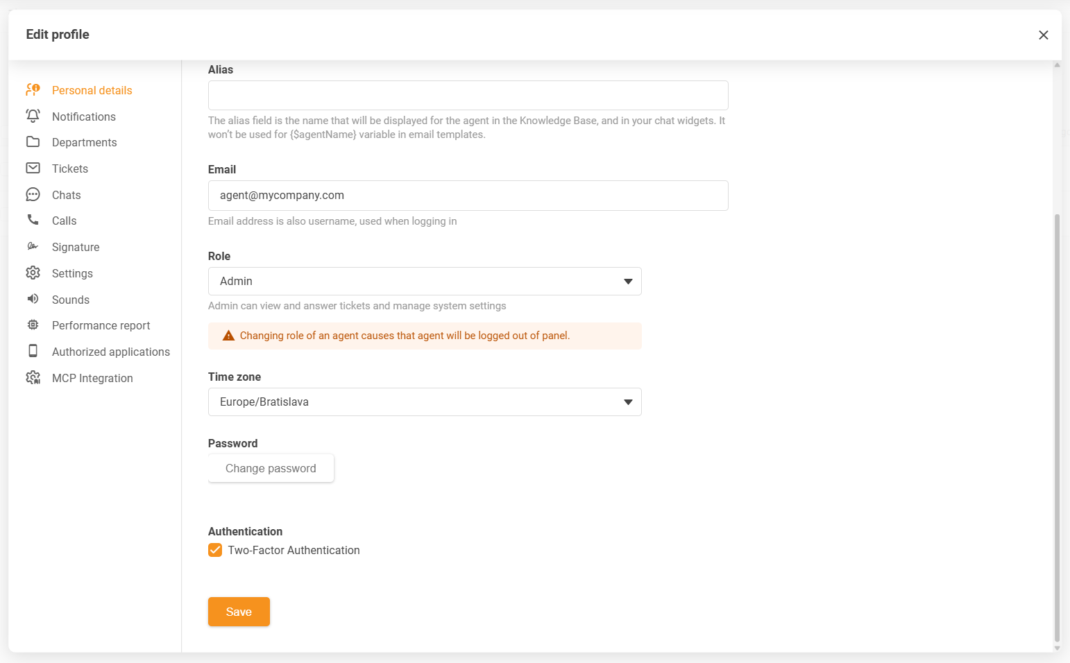 LiveAgent Agent-Profil Zeitzonen-Einstellungen