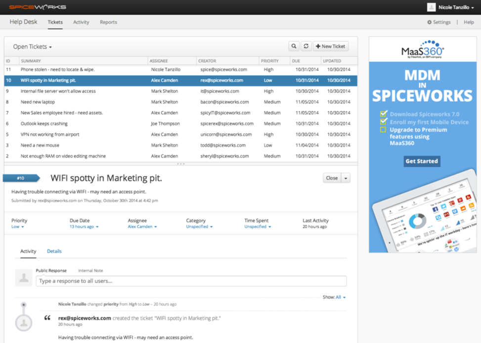 Spiceworks Cloud Help Desk Ticket-Liste mit Benutzerportal-Einreichungen