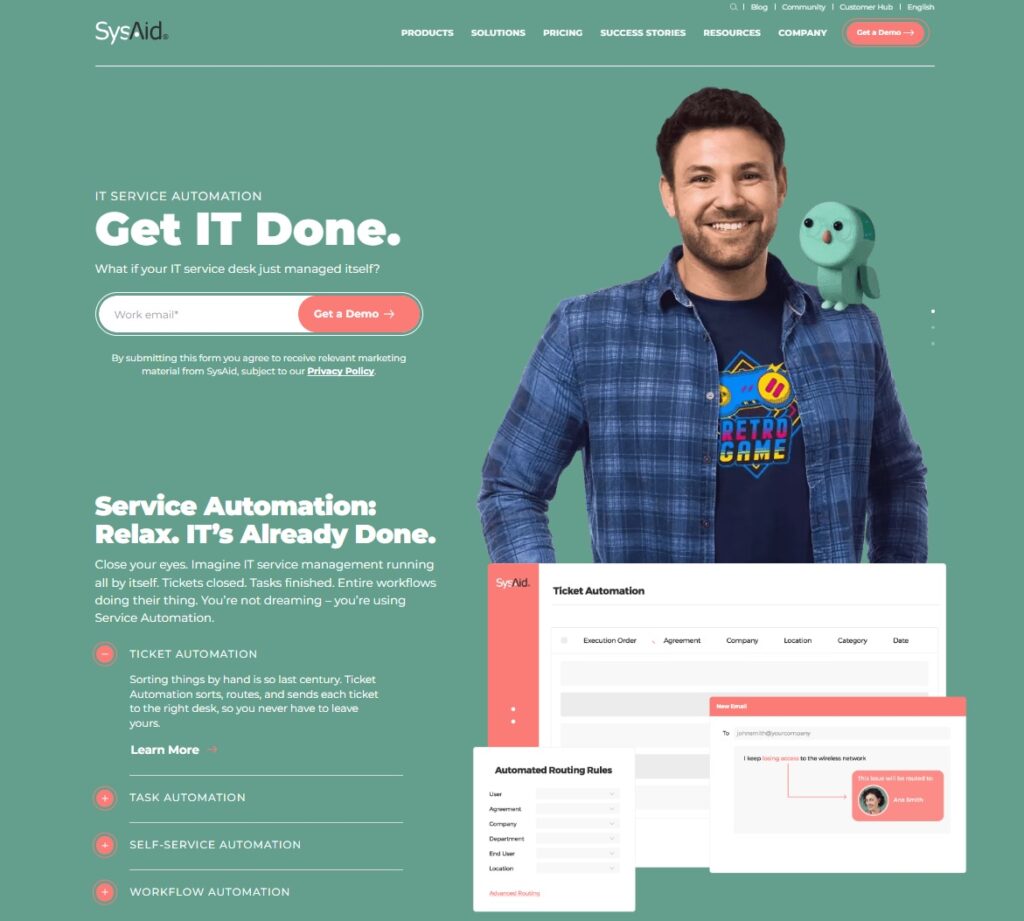 Bild der SysAid-Homepage - All-in-One-Service-Management-Software für IT-Profis