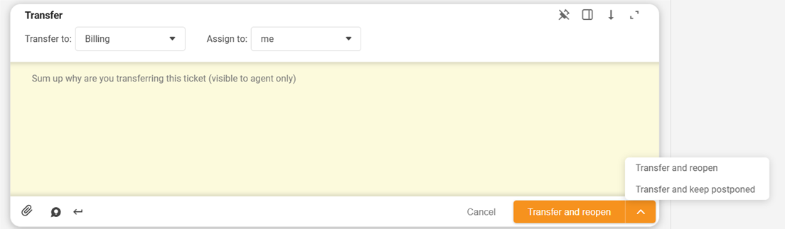 LiveAgent Ticket-Transfer-Dialog mit dem neuen aufklappbaren Wiedereröffnen/Verschieben-Button