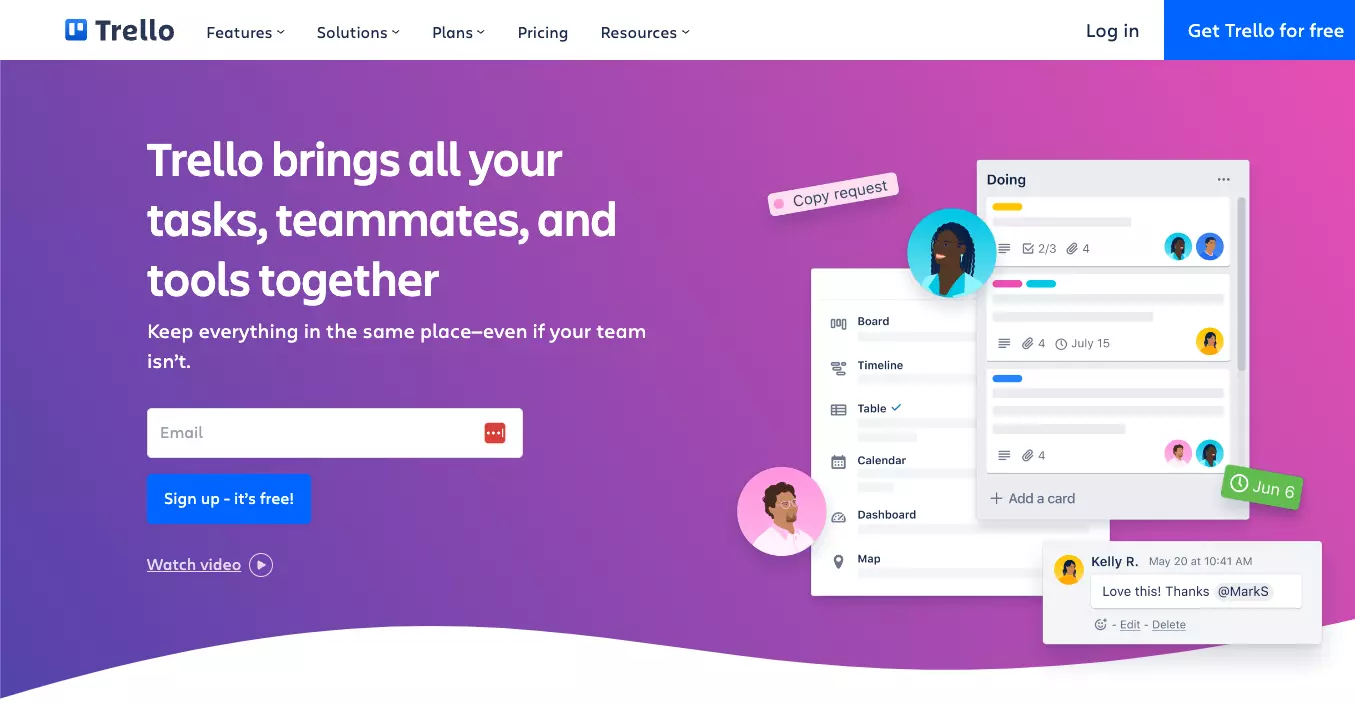 Trello-Startseite - halten Sie Ihre Arbeit organisiert und verfolgen Sie einzelne Aufgaben von einer Plattform aus.
