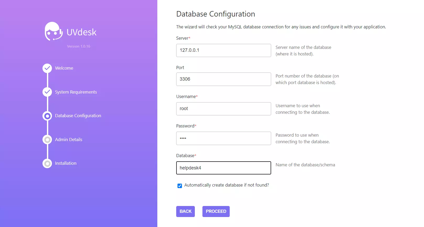 Ein Beispiel von UVdesk's Installationsassistenten