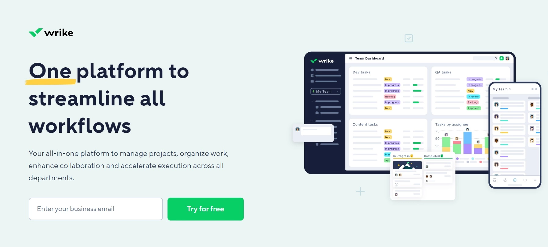 Wrike-Startseite - eine All-in-One-Plattform für die Verwaltung von Projekten, Arbeitsorganisation und Verbesserung der Zusammenarbeit über Abteilungen hinweg.