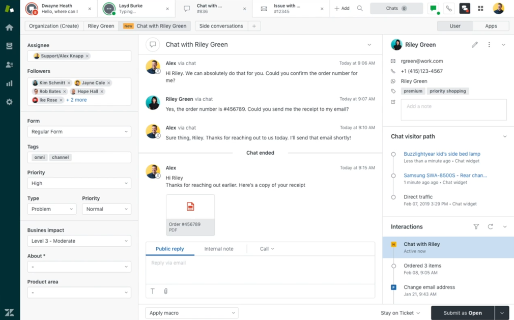 Zendesk Agent-Workspace mit einem einheitlichen Chat-Gespräch, Kundenprofil und Interaktionsverlauf im Jahr 2026