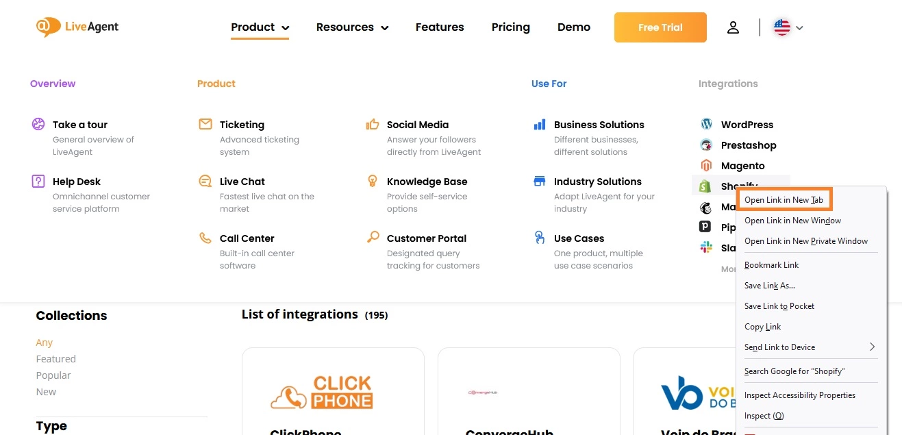 Beispiel für neuen Tab auf der LiveAgent-Seite