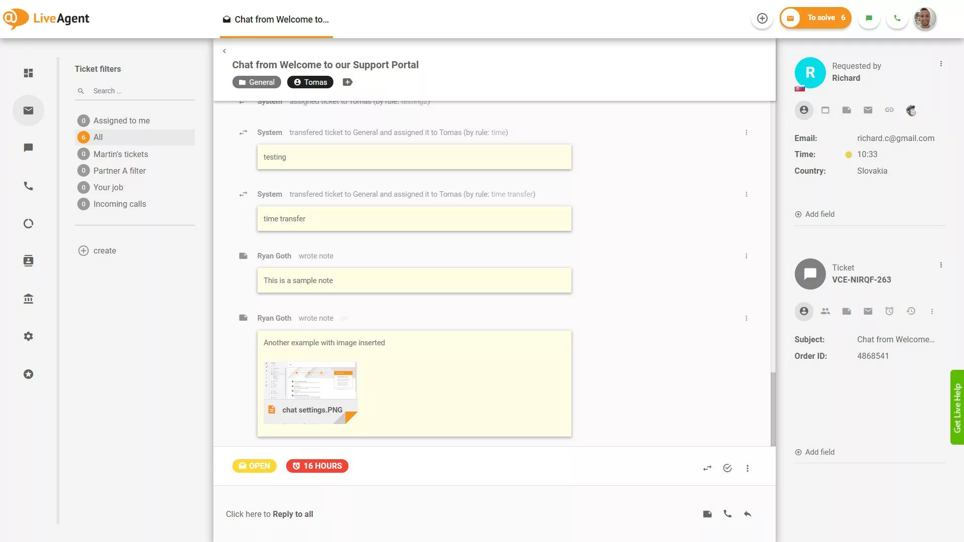 Notizen im Ticket in LiveAgent