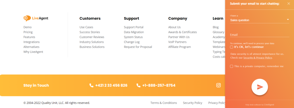 LiveAgent-Landingpage-Footer und Live-Chat
