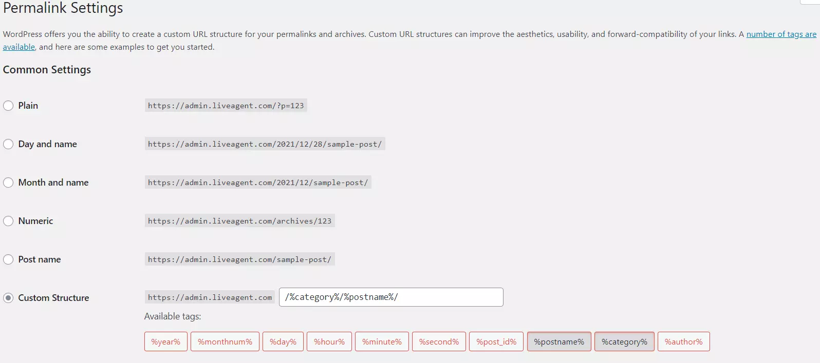 Beispiel für Permalink-Einstellungen
