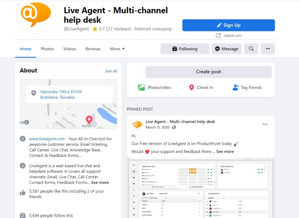 LiveAgent Facebook-Homepage