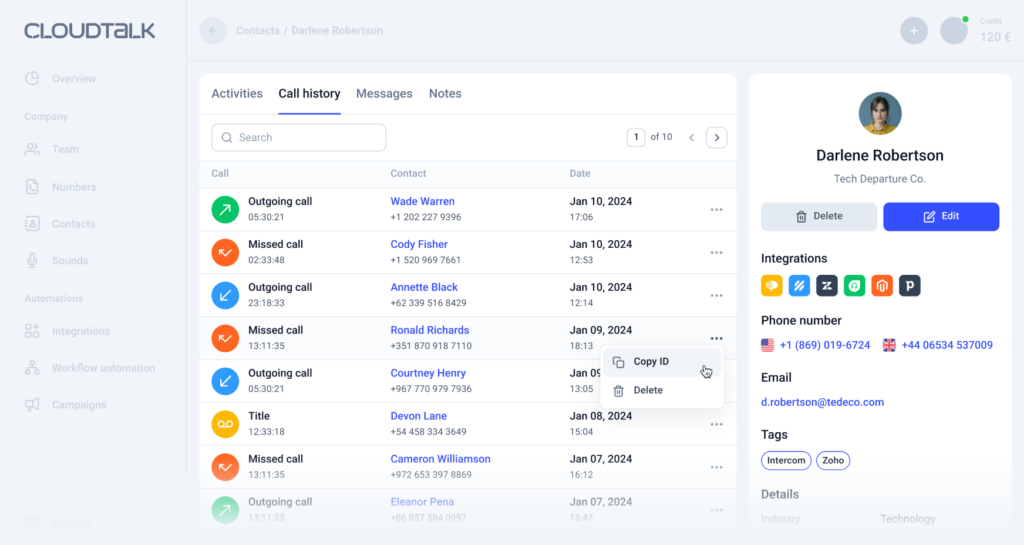 CloudTalk-Benutzeroberfläche