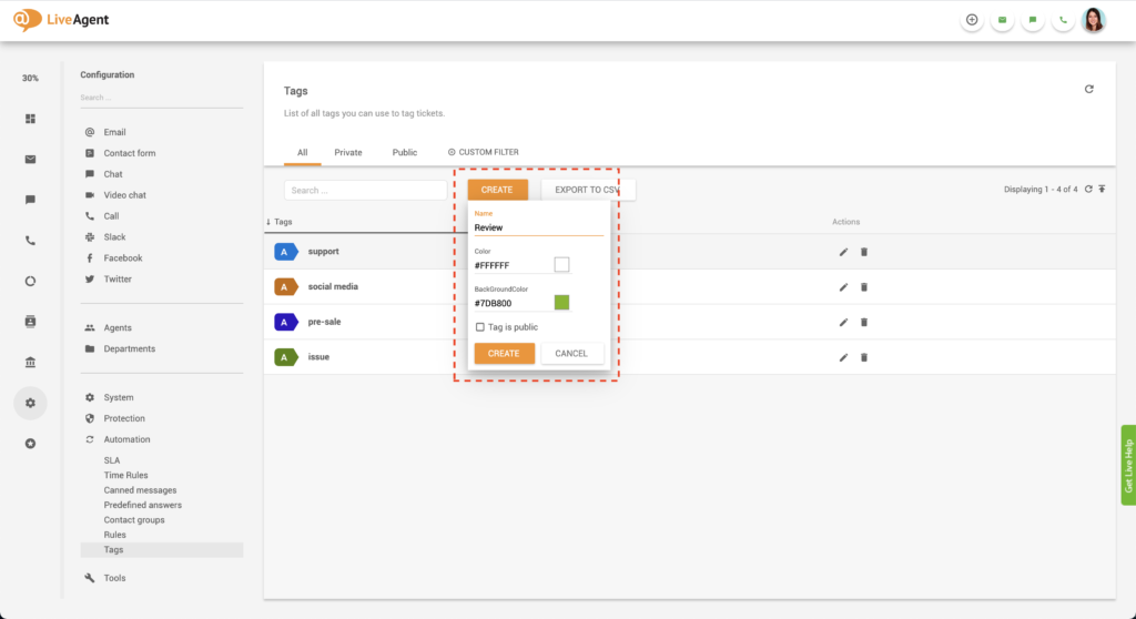 Erstellen von benutzerdefinierten Tags in LiveAgent