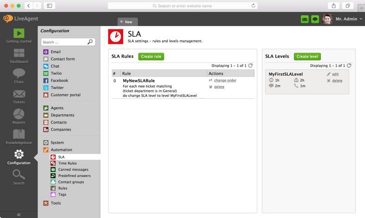 Bild zeigt, wo man SLA-Einstellungen in LiveAgent findet