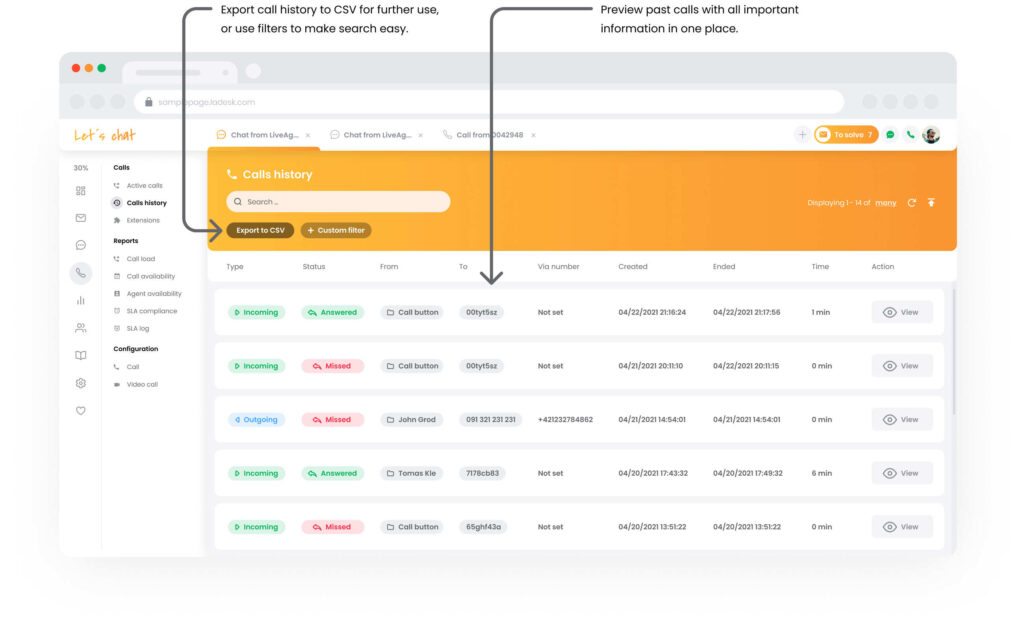Anrufverlauf-Funktion in LiveAgent Call Center