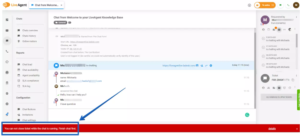 LiveAgent - ungelöste Chat-Warnung