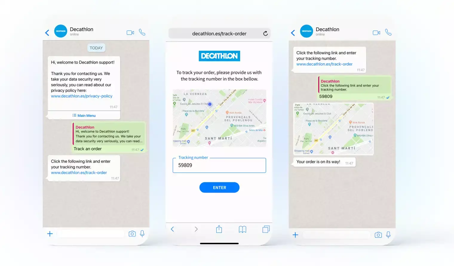 Decathlon Live-Chat-Funktionen über WhatsApp zur Bestellverfolgung