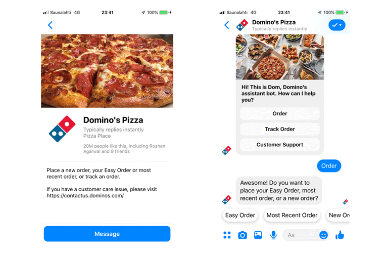 Domino's Pizza Messenger Live-Chat zum Aufgeben von Bestellungen