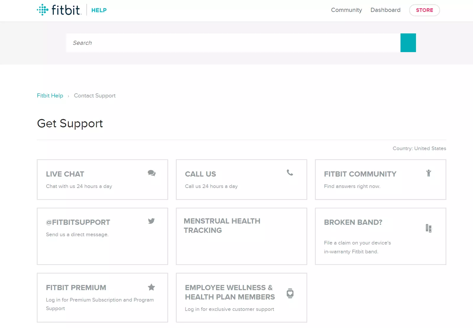 Fitbit Get Support-Seite mit Support-Optionen