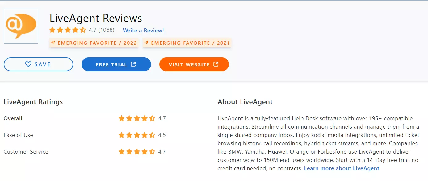 LiveAgent Capterra-Bewertung 2022