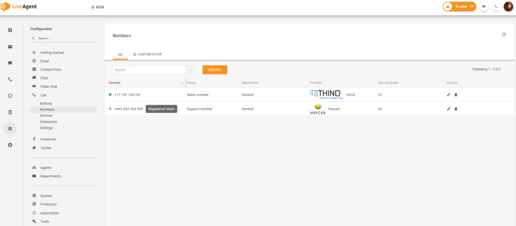 LiveAgent numbers setup