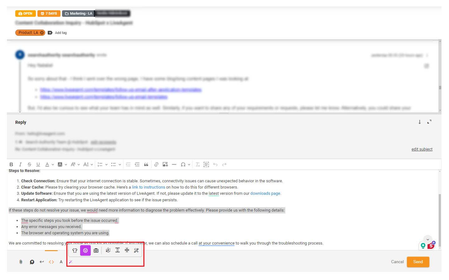 Bild der hervorgehobenen KI-Assistent-Funktion im Support-Ticket