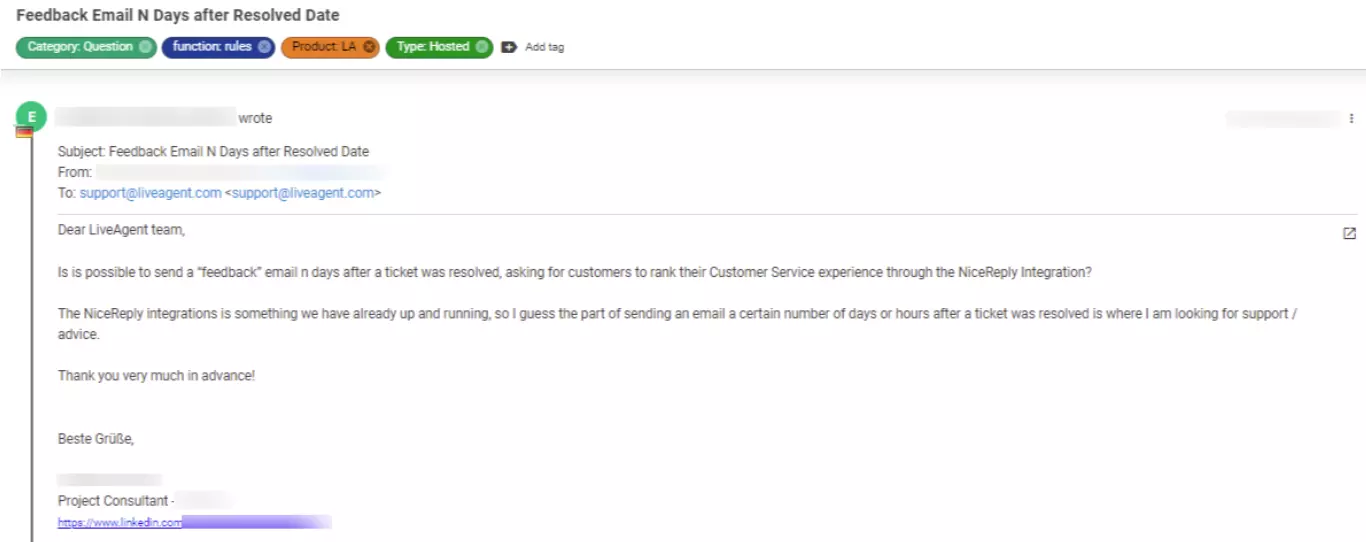 Screenshot eines Tickets, das ein Kundenproblem zeigt, das als niedrige Priorität betrachtet wird.