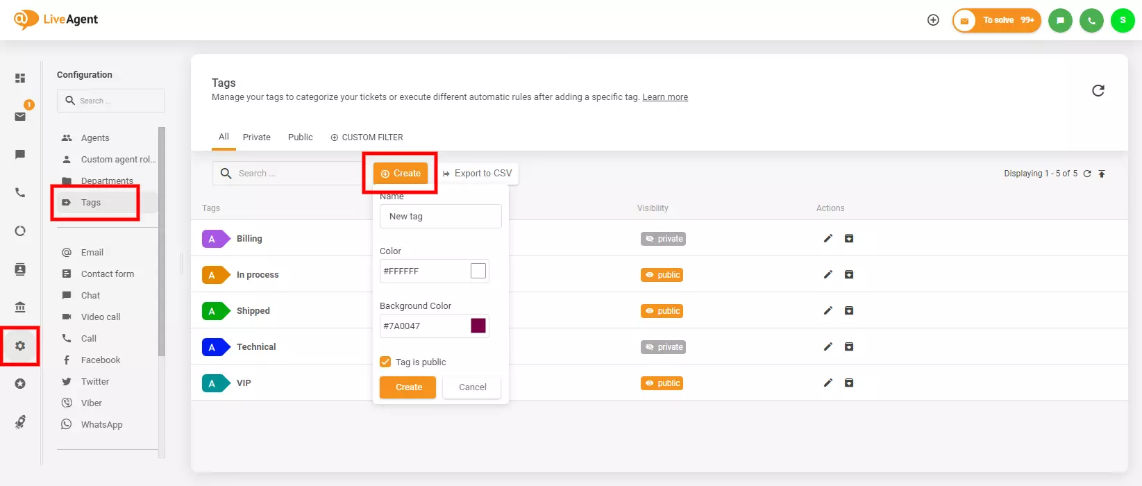 Bild zeigt, wo man Tags in LiveAgent findet und erstellt