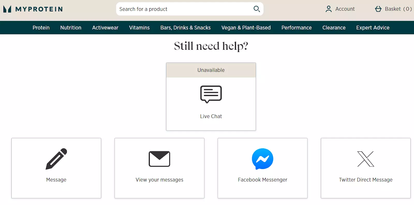 MyProtein Support-Seite mit Kommunikationskanälen