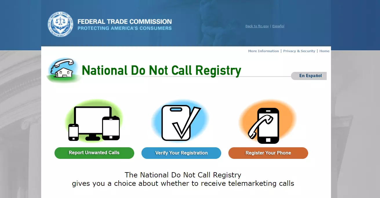 Website der National Do Not Call Registry