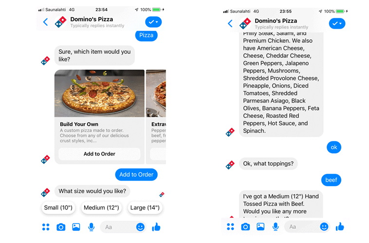 Fortsetzung des Domino's Pizza Live-Chat-Bestellprozesses