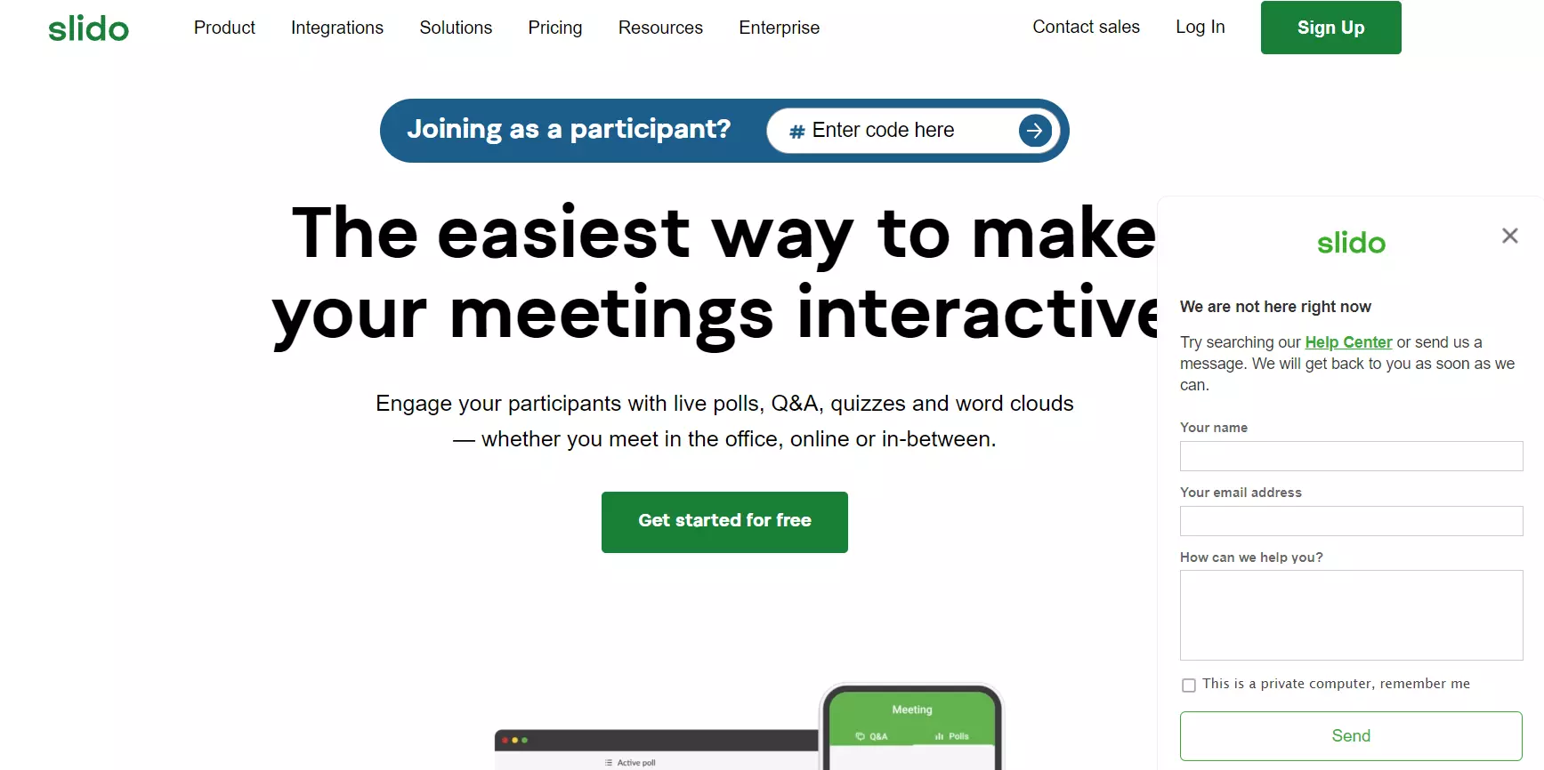 Slido-Homepage mit ihrer Chatbox