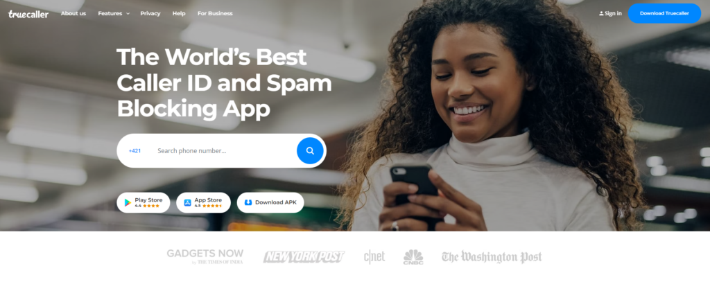 TrueCaller Homepage